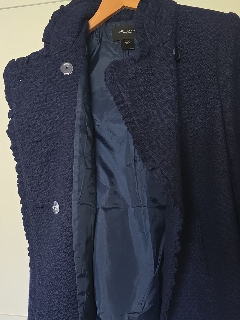 Ann Taylor Navy Blue Fall Spring Ruffled Pea Coat - Picture 9 of 10